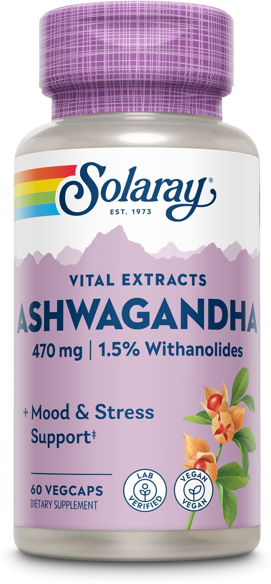 Solaray Ashwagandha Flasche mit 60 Vegicaps. Enthält 470 mg Ashwagandha und 1,5% Withanolide. Für Stimmung und Stressunterstützung.