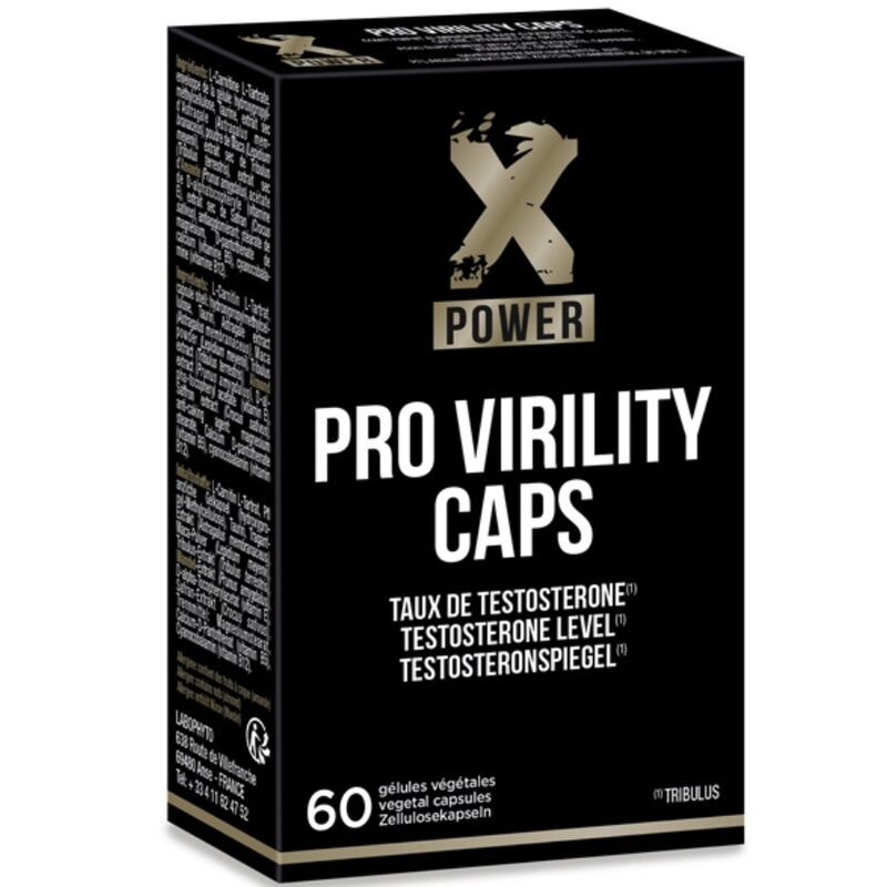 Schwarze Produktverpackung mit weißer Schrift. Enthält "X POWER PRO VIRILITY CAPS". Enthält 60 Kapseln. Text in Deutsch, Französisch und Niederländisch.