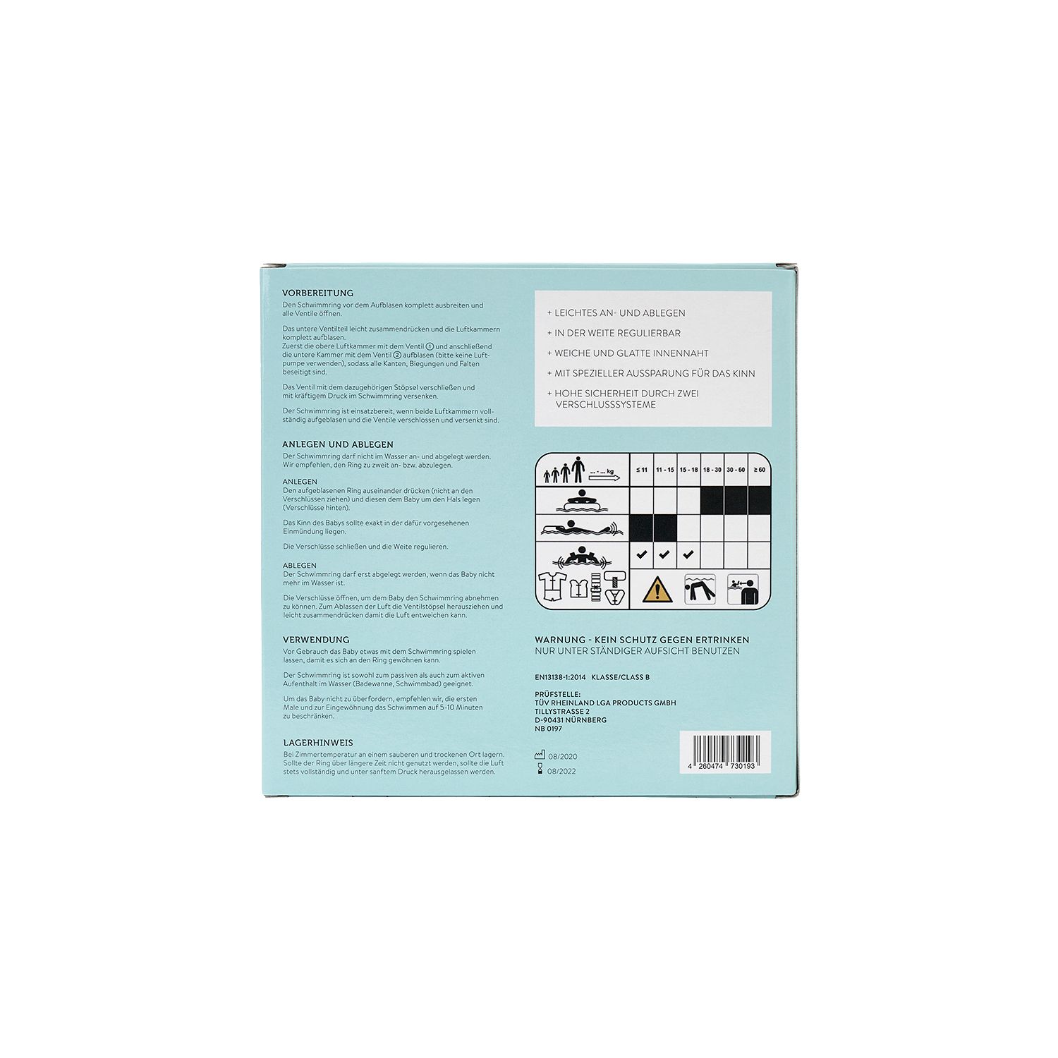 Rückseite der Verpackung des Baby-Schwimmrings. Text in deutscher Sprache mit Piktogrammen und Warnhinweisen.