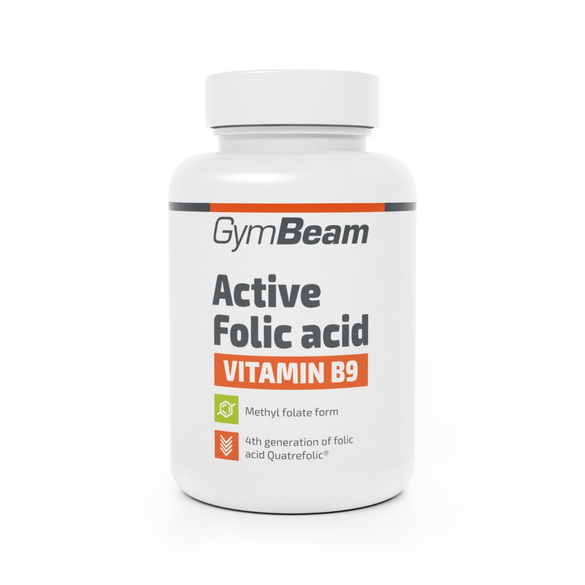 GymBeam Aktive Folsäure Vitamin B9 Kapselbehälter mit Etikett, das 'Active Folic acid VITAMIN B9' angibt.