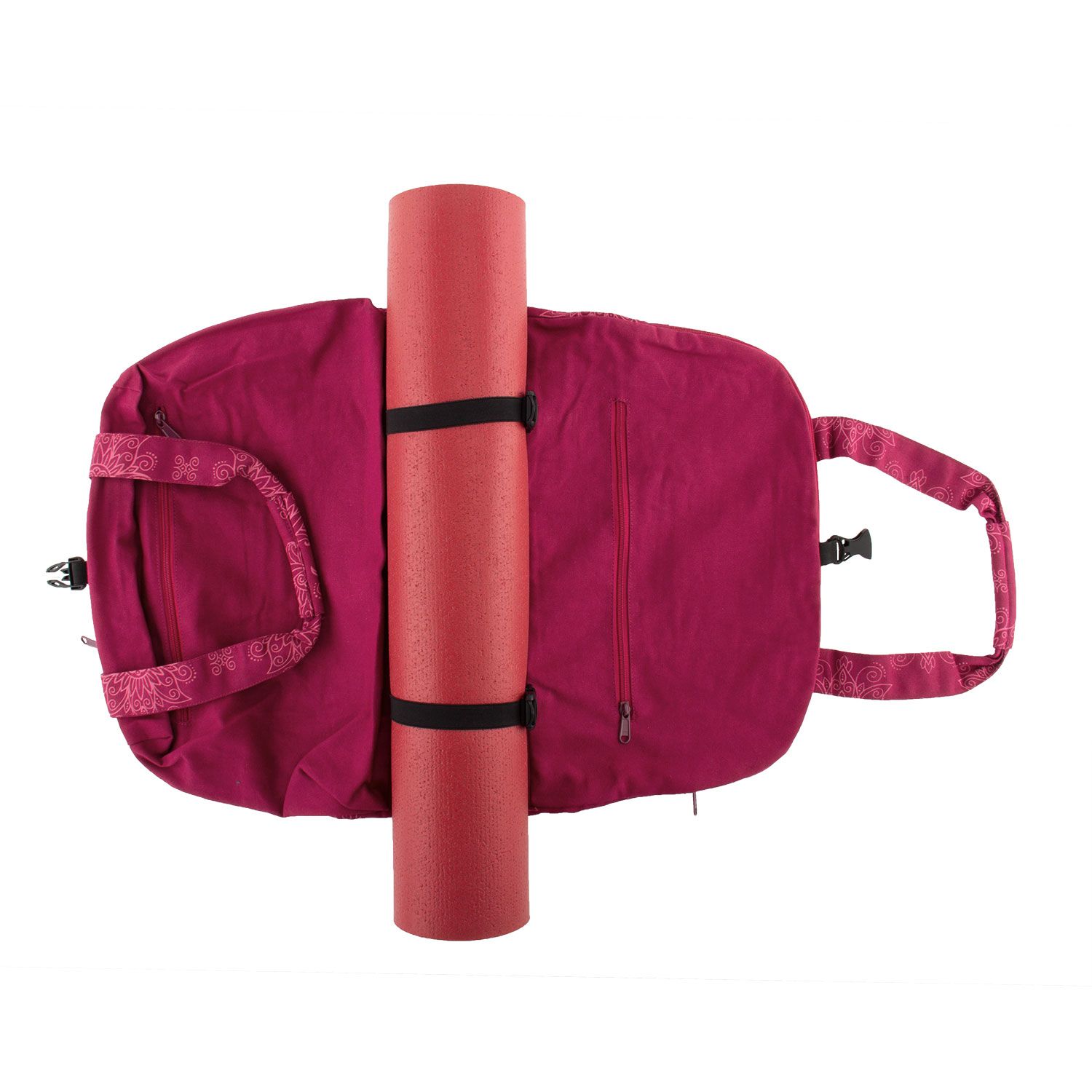 Beerenfarbene Yoga-Tasche mit Lotus-Muster. Yogamatte mit schwarzen Gurten befestigt. Reißverschluss-Tasche.