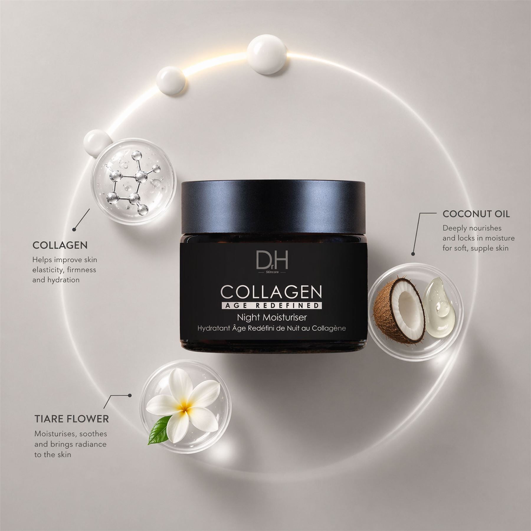 Dr. H Collagen Anti-Age Nachtcreme mit Inhaltsstoffen.