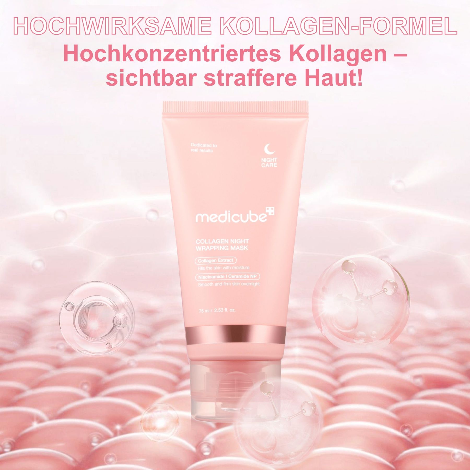 Eine Tube Medicube Collagen Night Wrapping Mask. Rosa Tube mit weißer Schrift. Text: Collagen Night Wrapping Mask. Hintergrund: rosa, Blasen.
