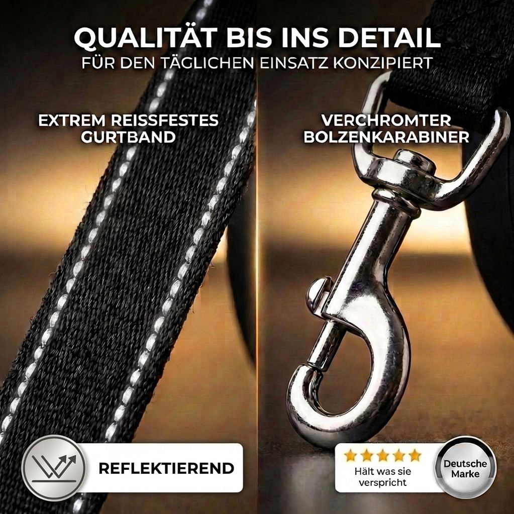 Detailansicht: Reflektierendes Gurtband und verchromter Bolzenkarabiner der Hundeleine.
