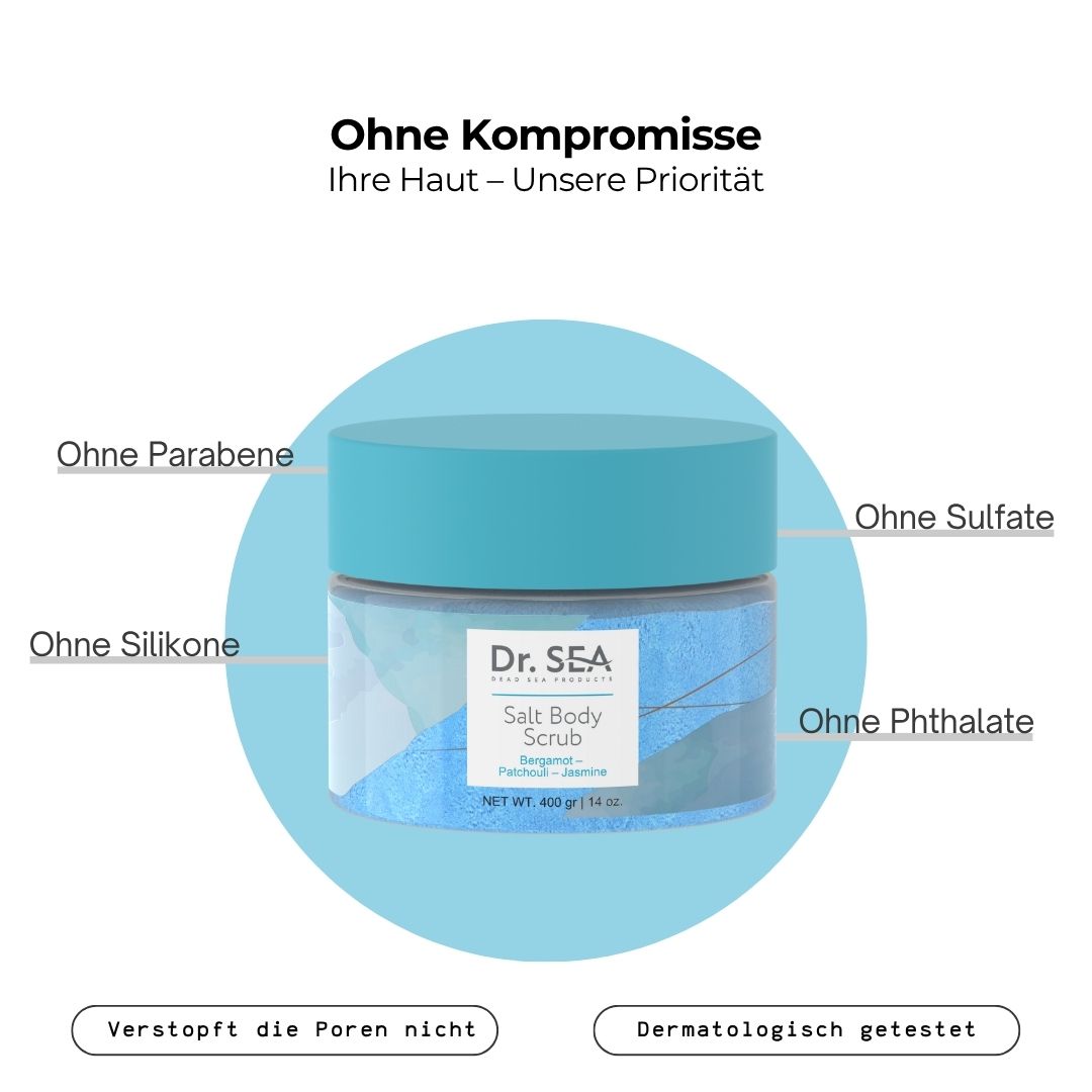 Produkt mit Text: Ohne Kompromisse. Ohne Parabene, Sulfate, Silikone, Phthalate. Produktname sichtbar.