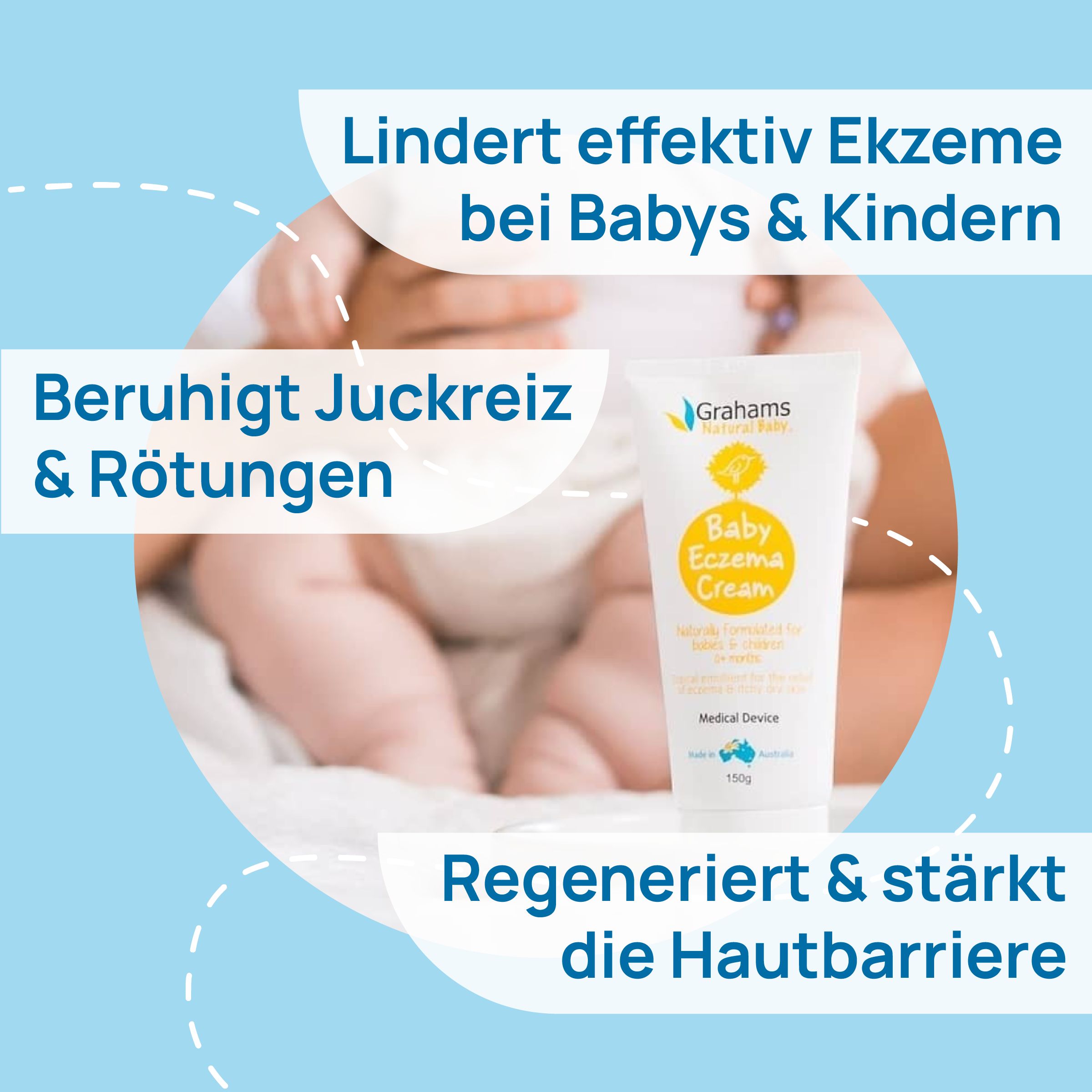 Creme-Tube mit Text. Baby-Haut im Hintergrund. Text: Lindert Ekzeme, beruhigt Juckreiz, regeneriert die Hautbarriere.