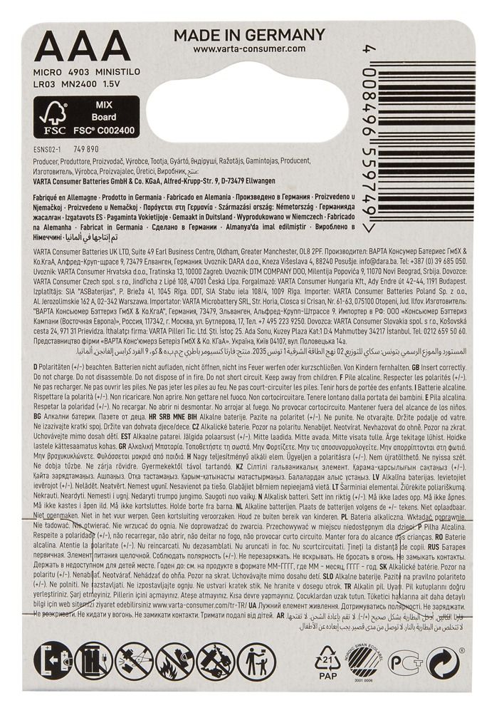 Rückseite einer Packung VARTA AAA Batterien mit technischen Informationen und Umweltzeichen.