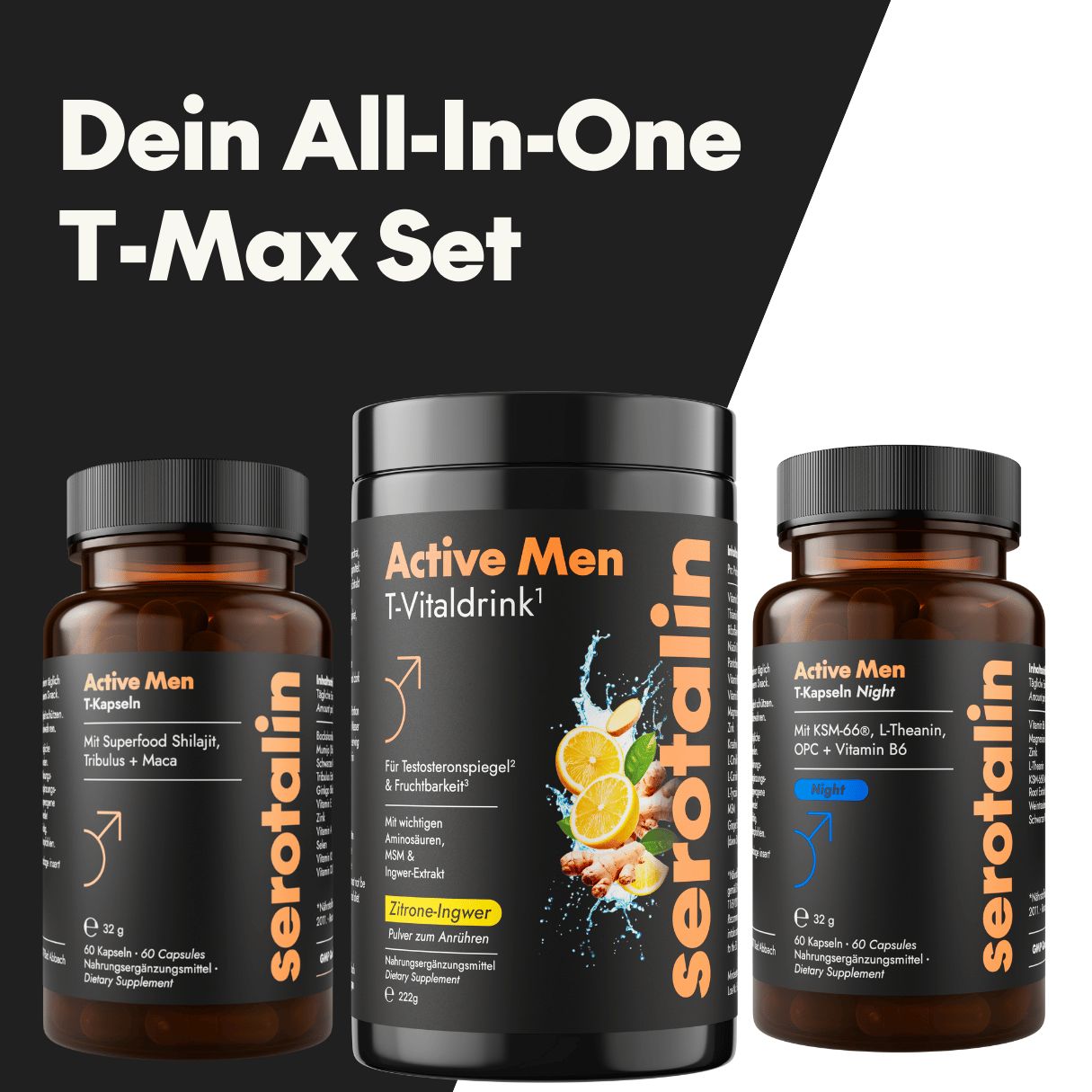 serotalin Active Men T-Max Set | Maca Kapseln, Night Kapseln mit KSM-66 Ashwagandha & T-Vitaldrink