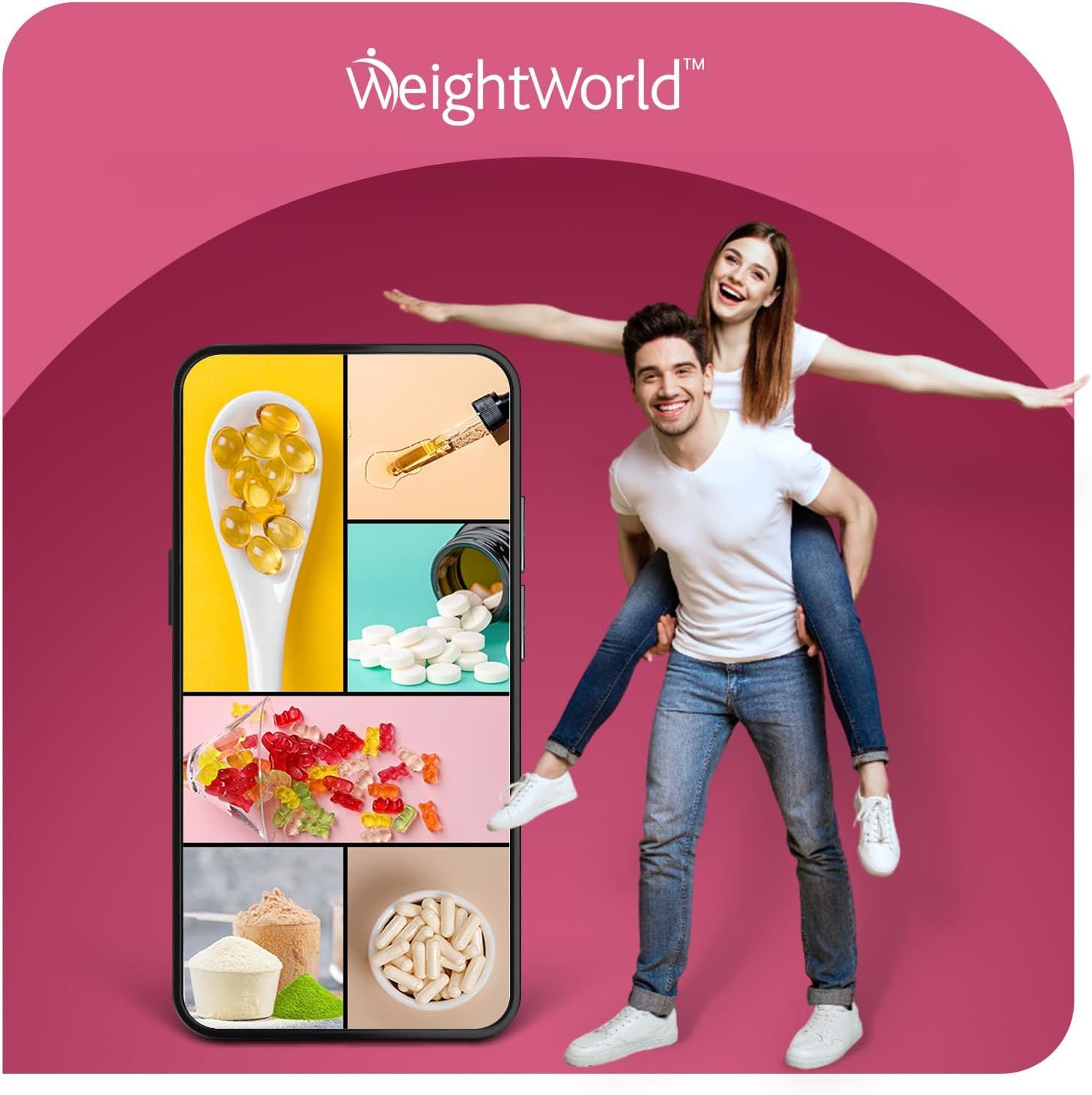 Zwei Personen vor Smartphone. Auf dem Bildschirm: verschiedene Nahrungsergänzungsmittel. Hintergrund: rot.