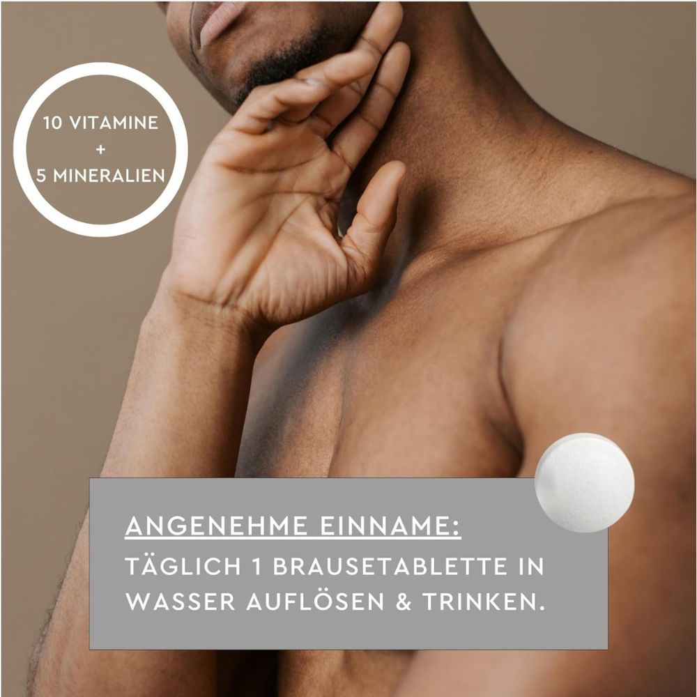 Mann berührt seinen Hals. Text: Angenehme Einnahme: Täglich 1 Brausetablette in Wasser auflösen & trinken.