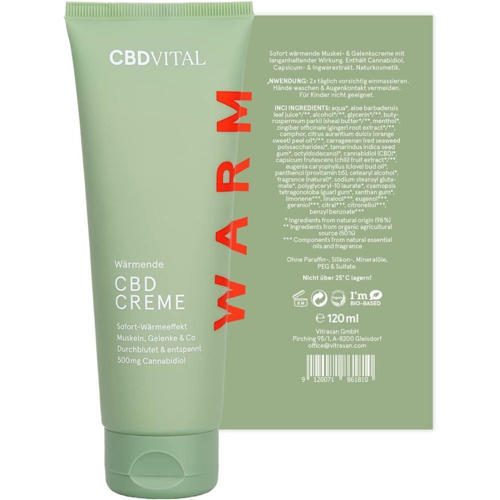 Grüne Tube mit roter Schrift. CBDVITAL-Logo, "Wärmende CBD Creme". Sofort-Wärmeeffekt, 100mg Cannabidiol.