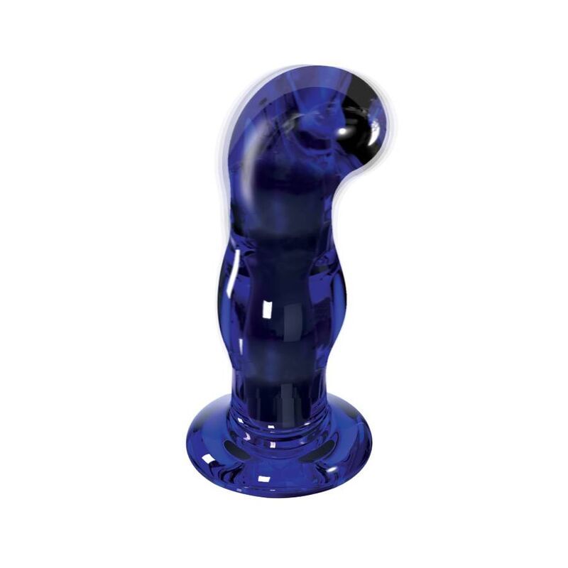 Blauer Glas-Analplug. Gebogene Form mit abgerundeter Basis und Spitze. Glänzende Oberfläche.