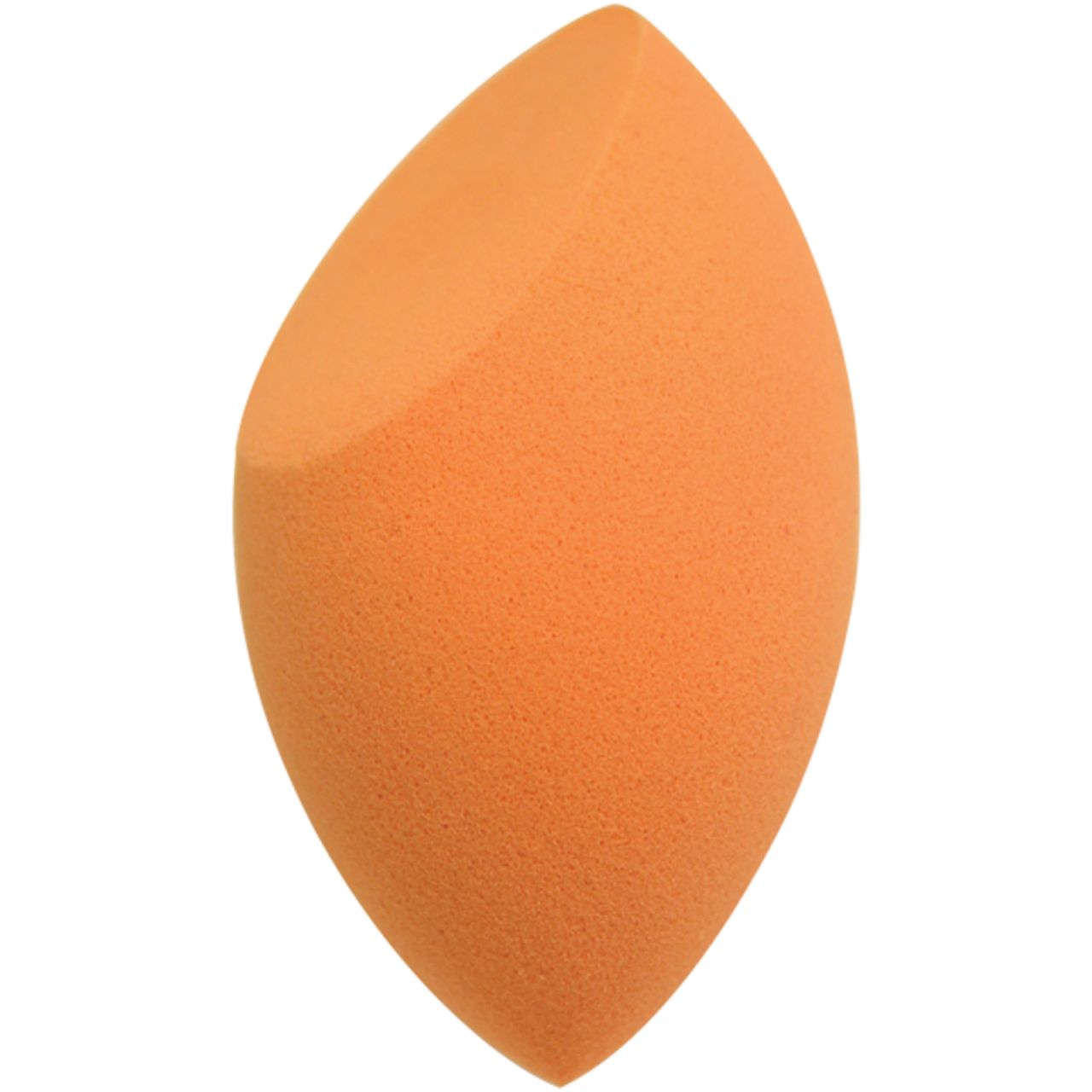 Orangefarbener Make-up-Schwamm in Tropfenform. Abgeschrägte Seite.