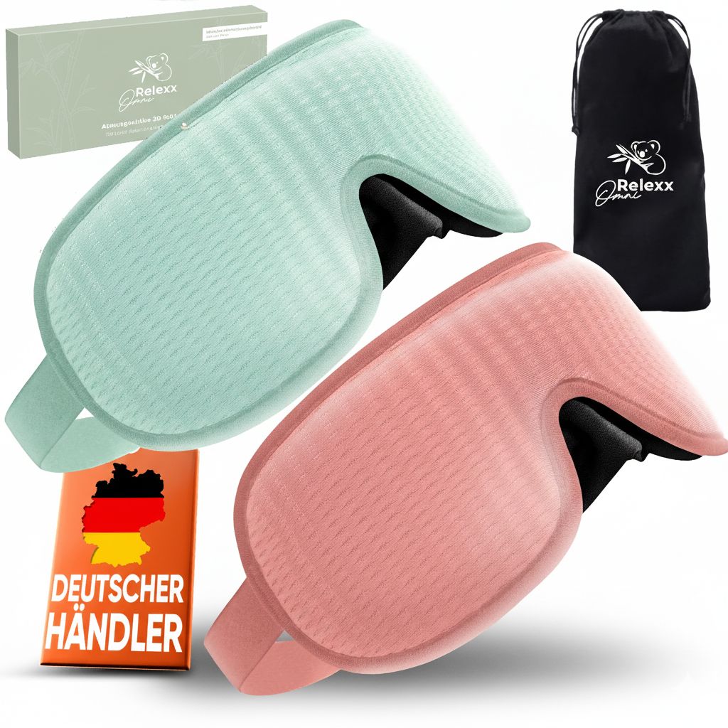 Zwei Schlafmasken, türkis und rosa, mit Reisebeutel und Verpackung. Marke: OMNIRELEXX®.