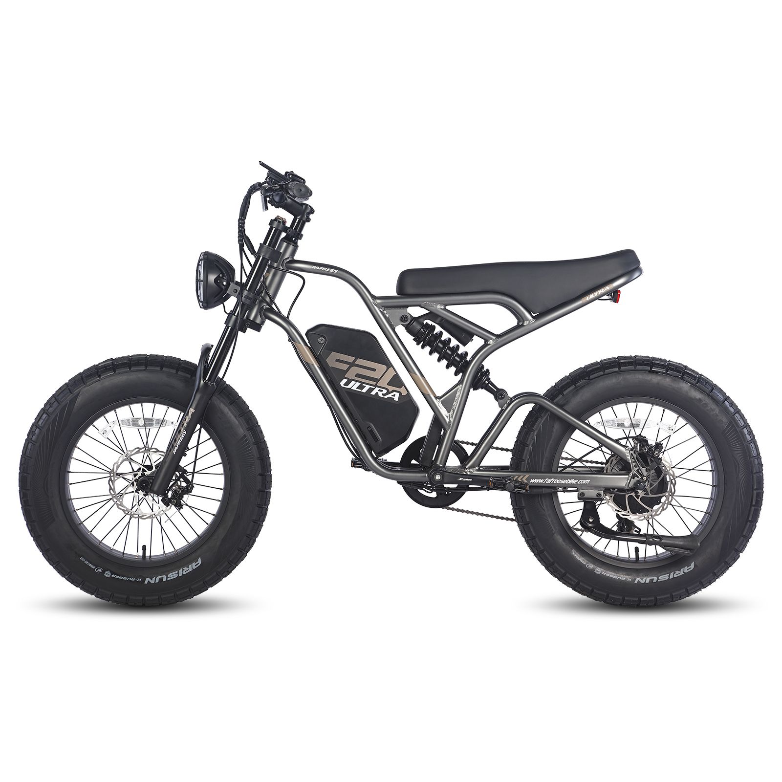 Graues E-Dirtbike mit schwarzen Reifen. Sichtbar: Sattel, Motor, Scheinwerfer, F20 Ultra-Logo.