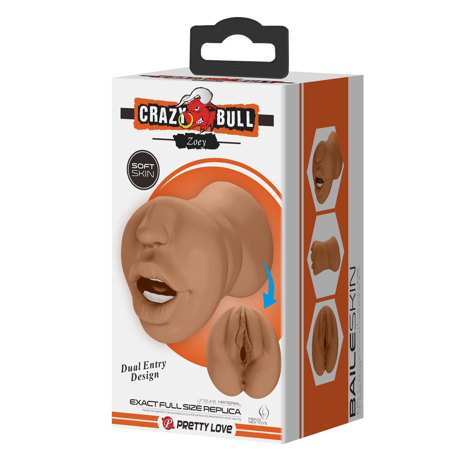 Verpackung von Crazy Bull Zoey. Produktabbildung, Text: Soft Skin, Dual Entry Design, Baileskin.