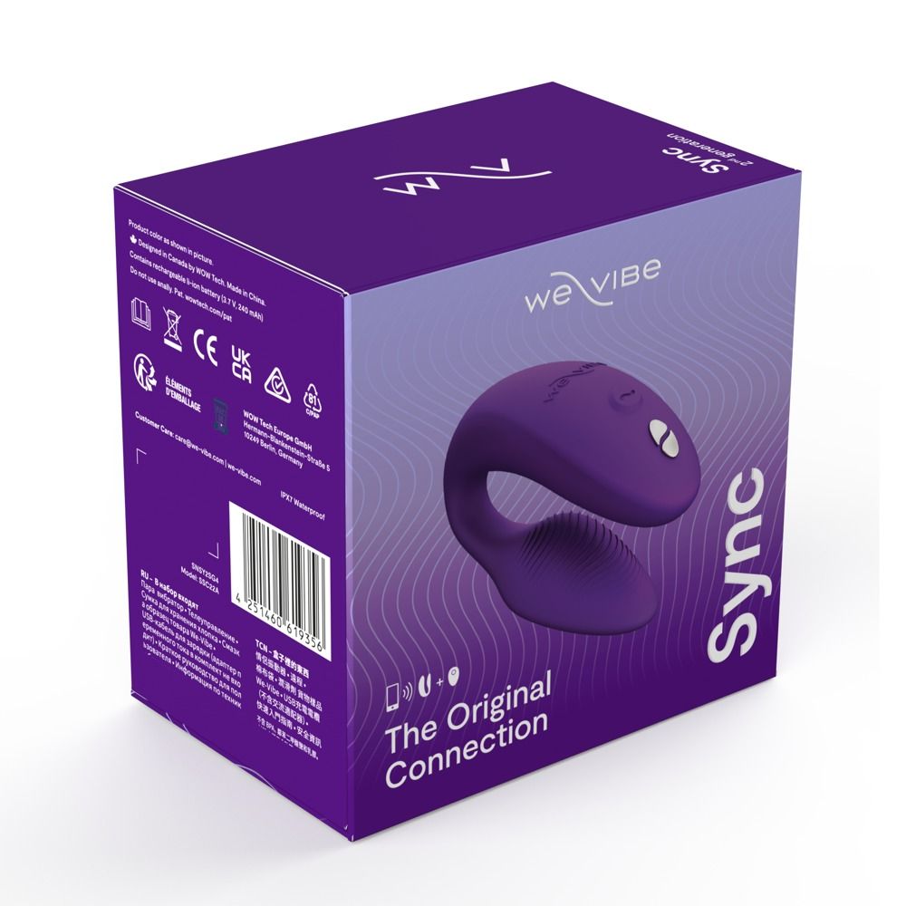 Verpackung für Wellness-Produkt. Lila Box mit Produktabbildung und Logo. Text: Sync, The Original Connection.