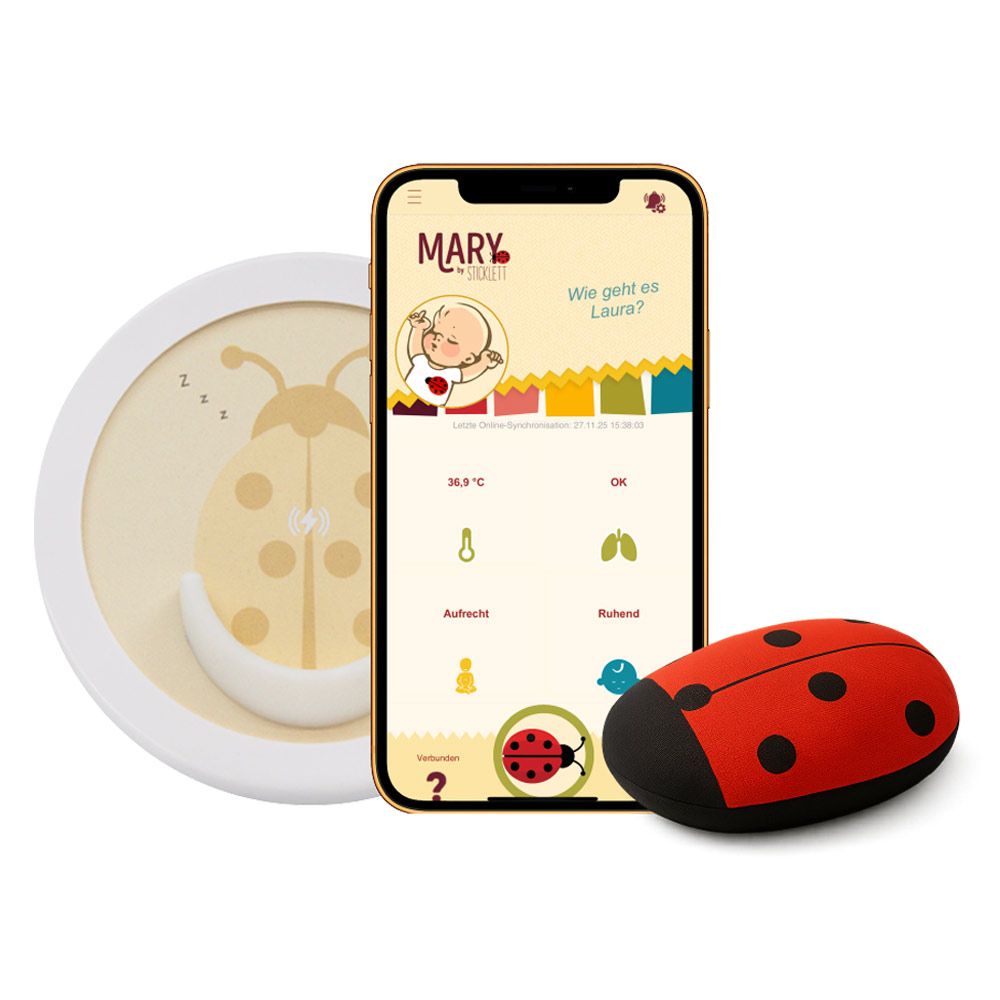 Produkt-Set: Smartphone, Marienkäfer-Sensor, runde Halterung. App-Anzeige mit Baby-Symbol und Vitaldaten.