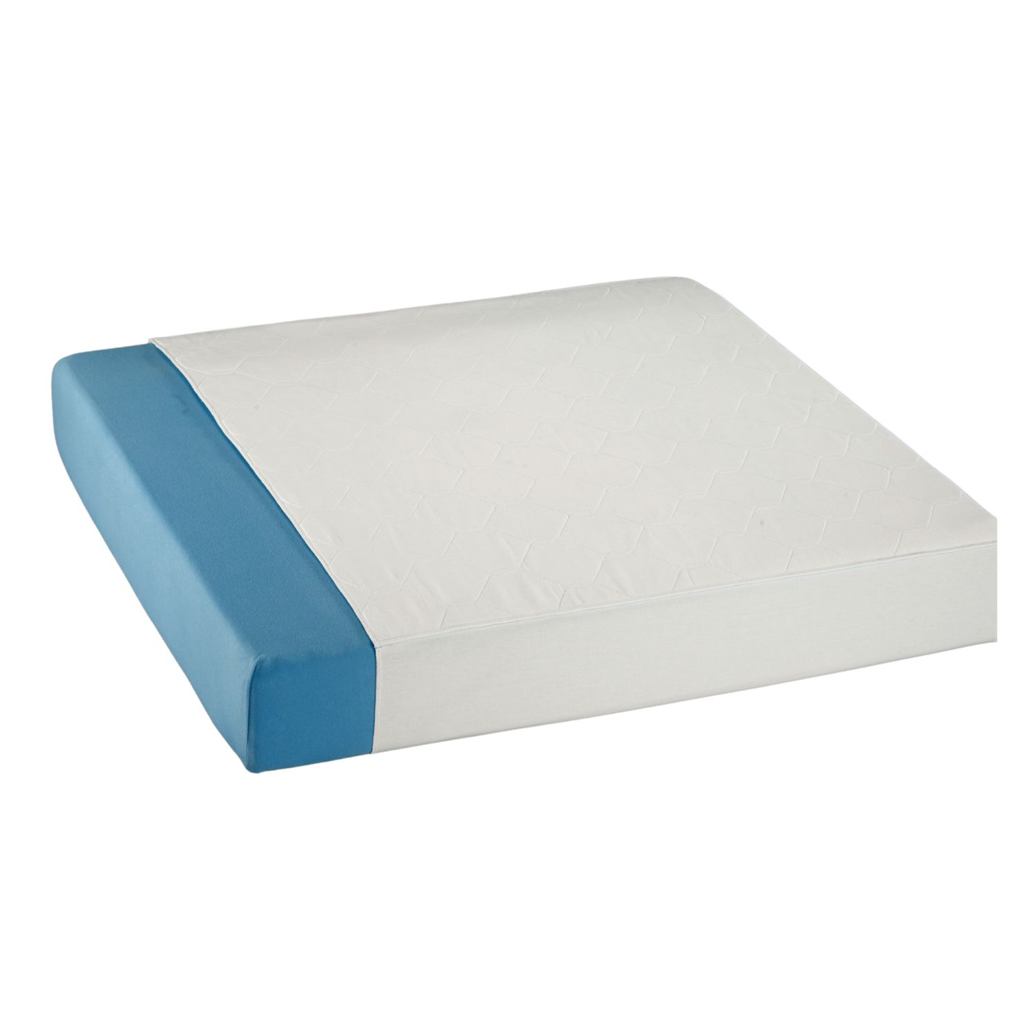 Bettauflage mit weißer Oberseite und blauem Rand. Rechteckige Form. Teilweise auf einer blauen Matratze platziert.