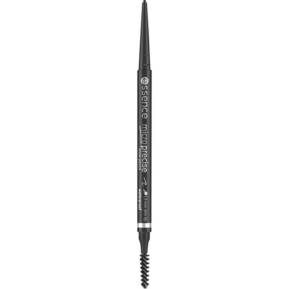 Schwarzer Augenbrauenstift mit Bürste. Aufschrift: essence micro precise waterproof.