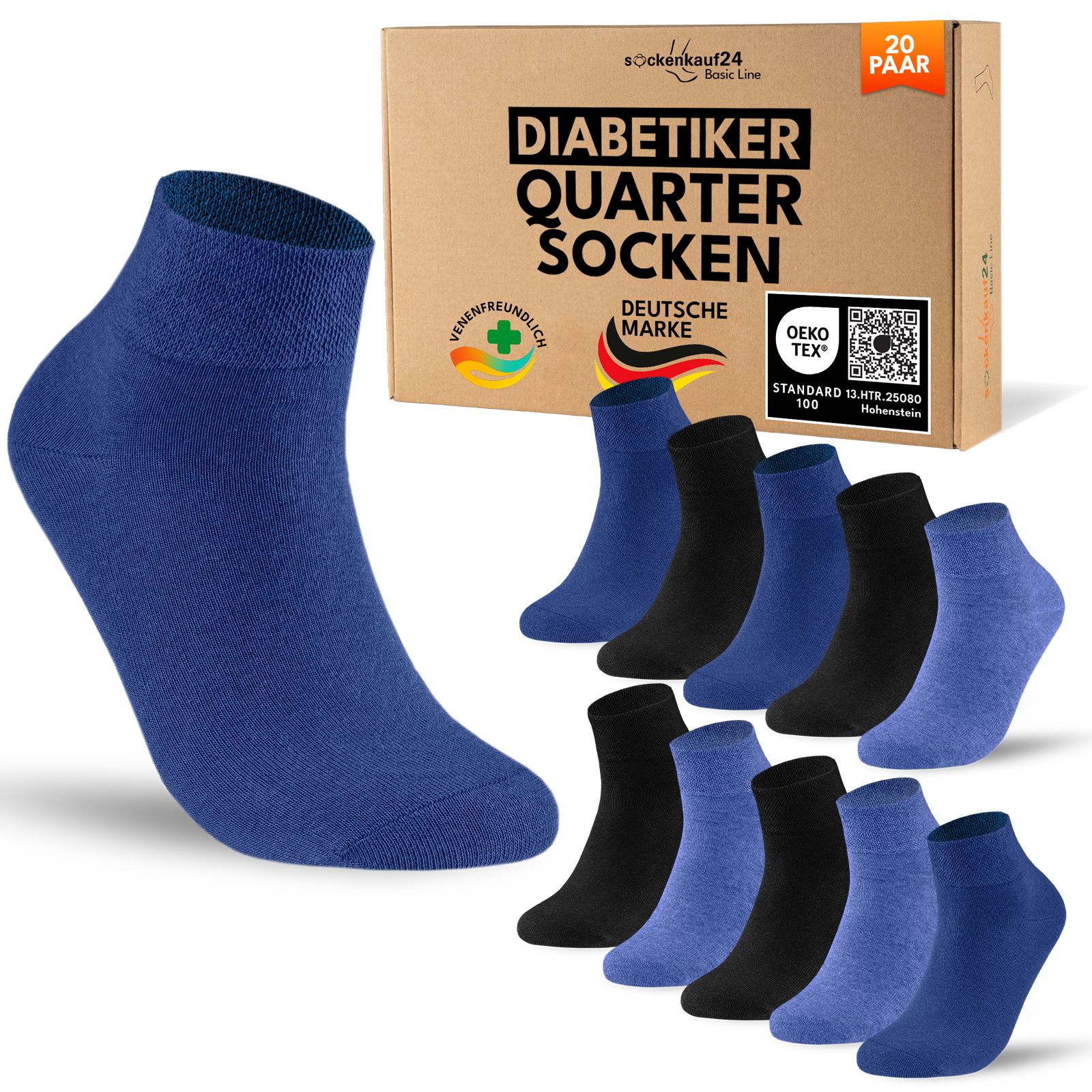 Diabetiker Quarter Socken mit Komfortbund ohne Gummi & ohne Naht für Damen und Herren