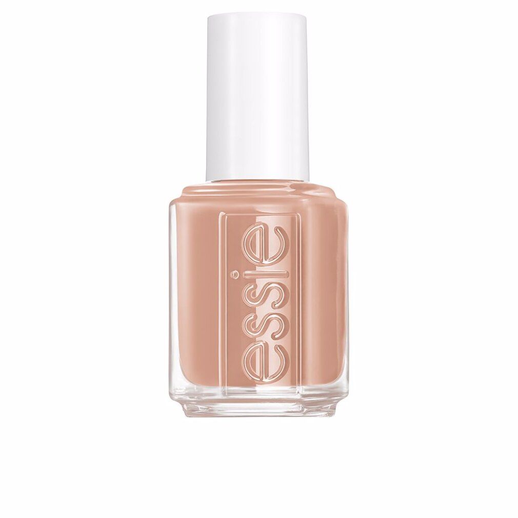 Essie Nagellack, beige-braune Farbe, quadratische Glasflasche mit weißem Deckel. Essie-Schriftzug auf der Vorderseite.