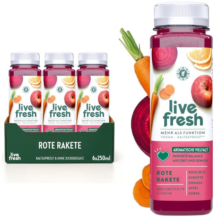 LiveFresh Rote Rakete Saftflaschen. 6er Packung und einzelne Flasche mit Zutatenabbildung.