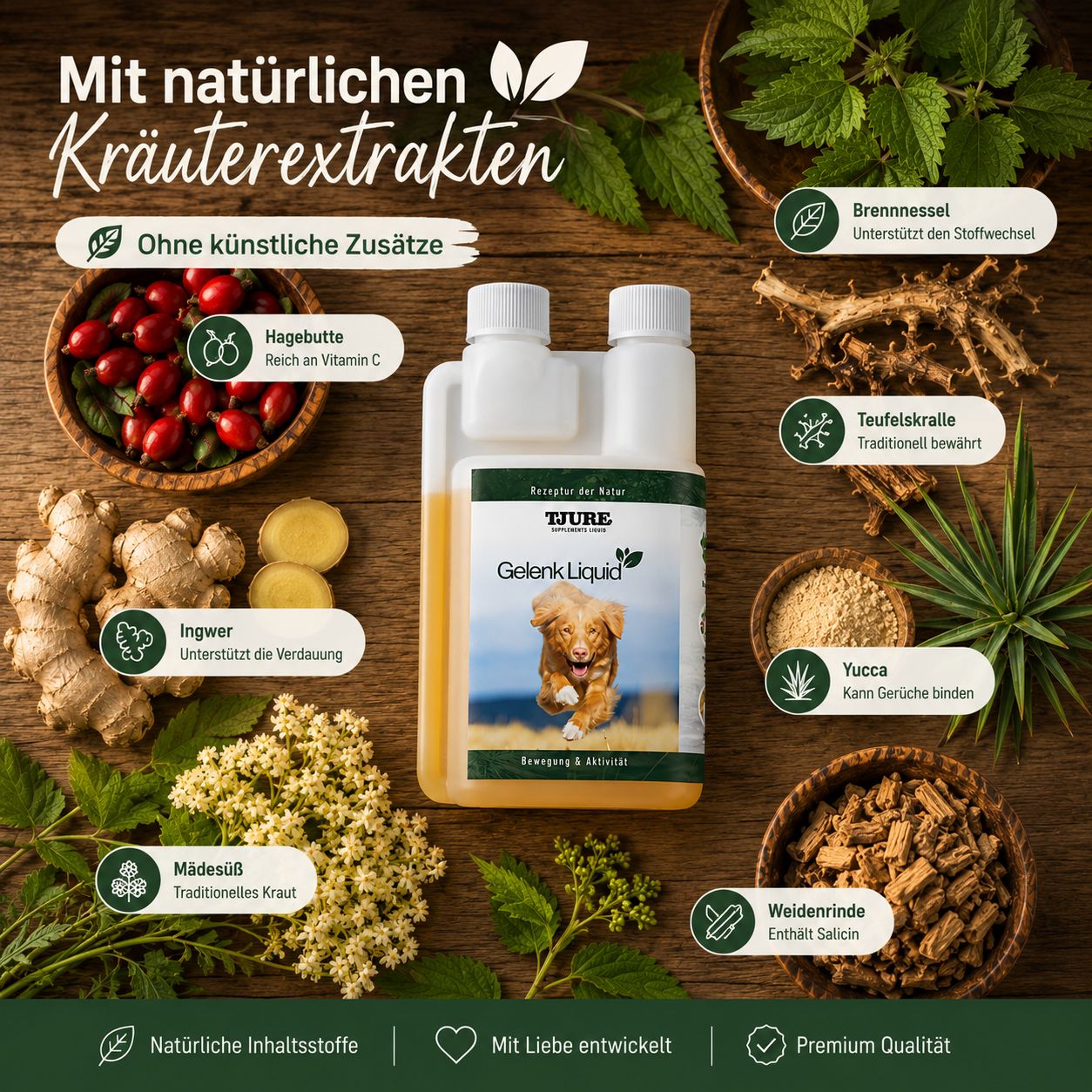 Flasche Tjure Gelenk Liquid umgeben von natürlichen Kräutern und Zutaten.