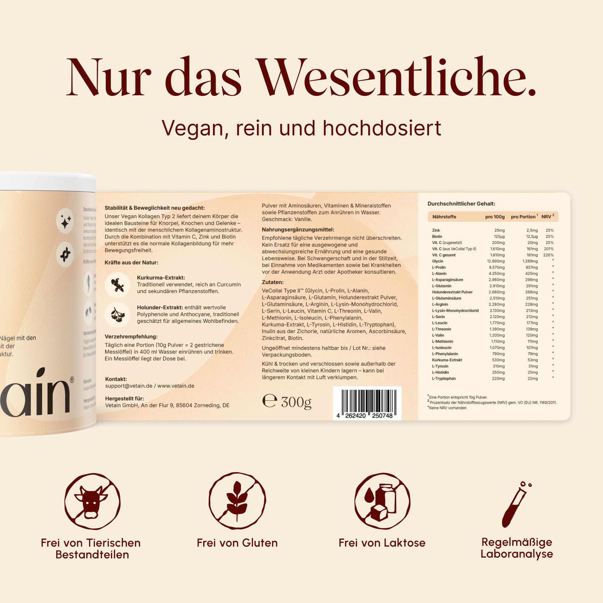 VETAIN Kollagenpulver Vegan - Mit VeCollal®, Vitamin C, Zink & Biotin - Für Haut, Haare & Nägel