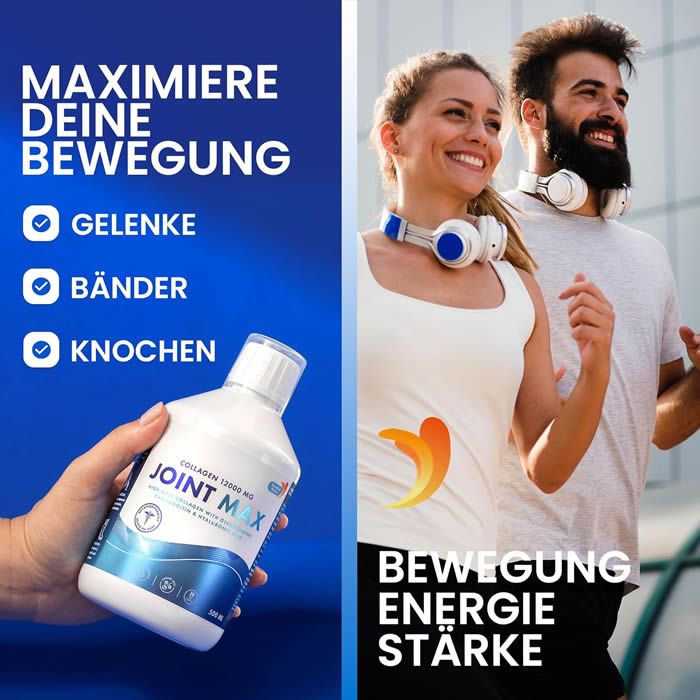 Weißes Getränk Joint Support Max. Text: Gelenke, Bänder, Knochen. Personen joggen. Text: Maximiere deine Bewegung, Bewegung, Energie, Stärke.