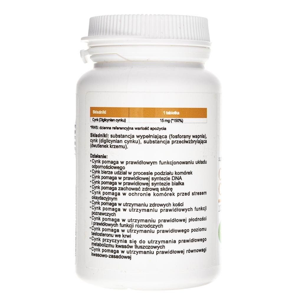 Rückseite einer weißen Pillendose mit Zutatenliste und Wirkungsbeschreibung. "15 mg Zink".