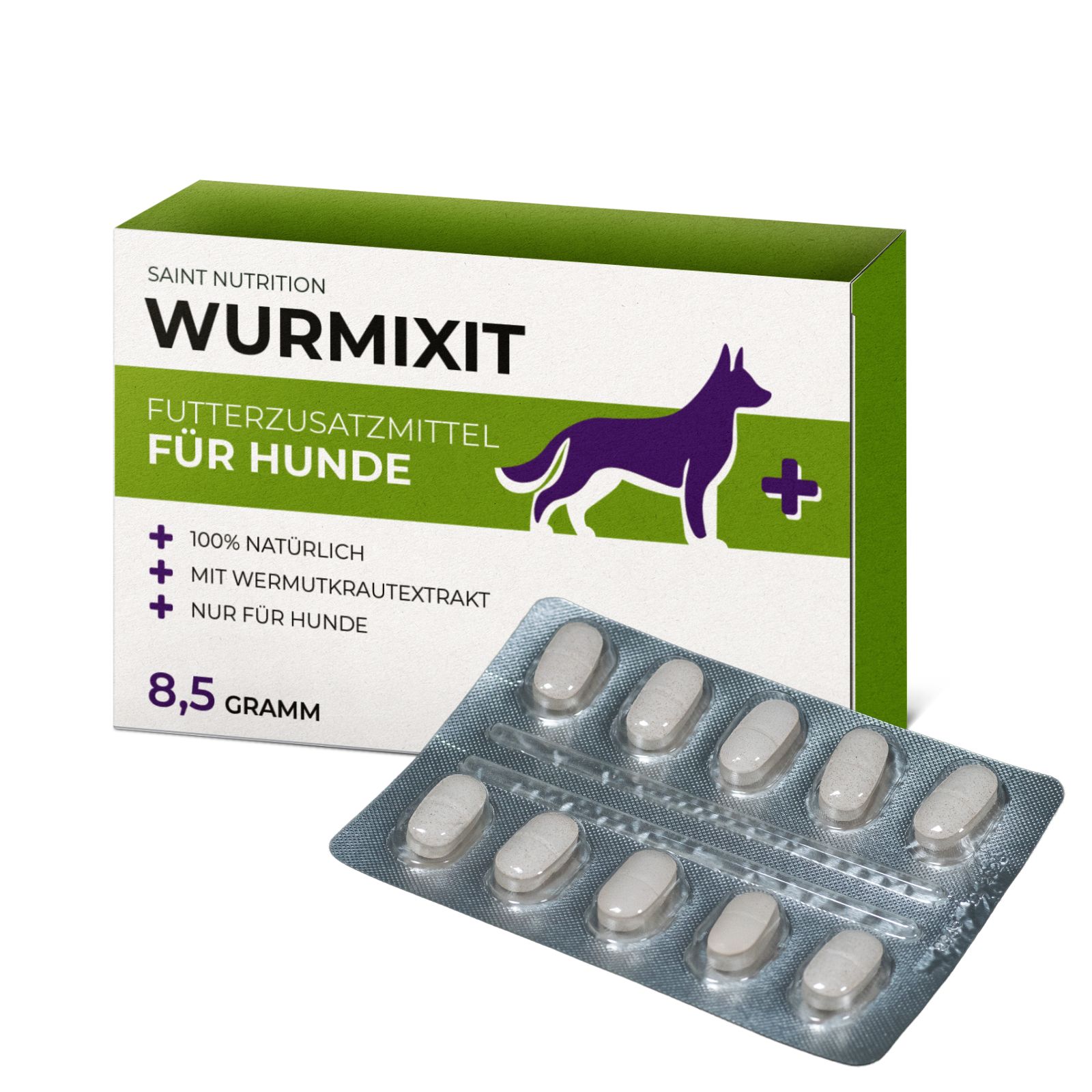 Produktverpackung mit Tablettenblister. Text: Saint Nutrition Wurmixit, Futterzusatzmittel für Hunde, 8,5 Gramm, 10 Tabletten.