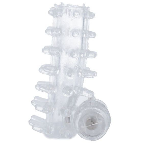 Transparente Penismanschette mit Noppen und Vibrationsmodul. Runde Öffnung am Ende.