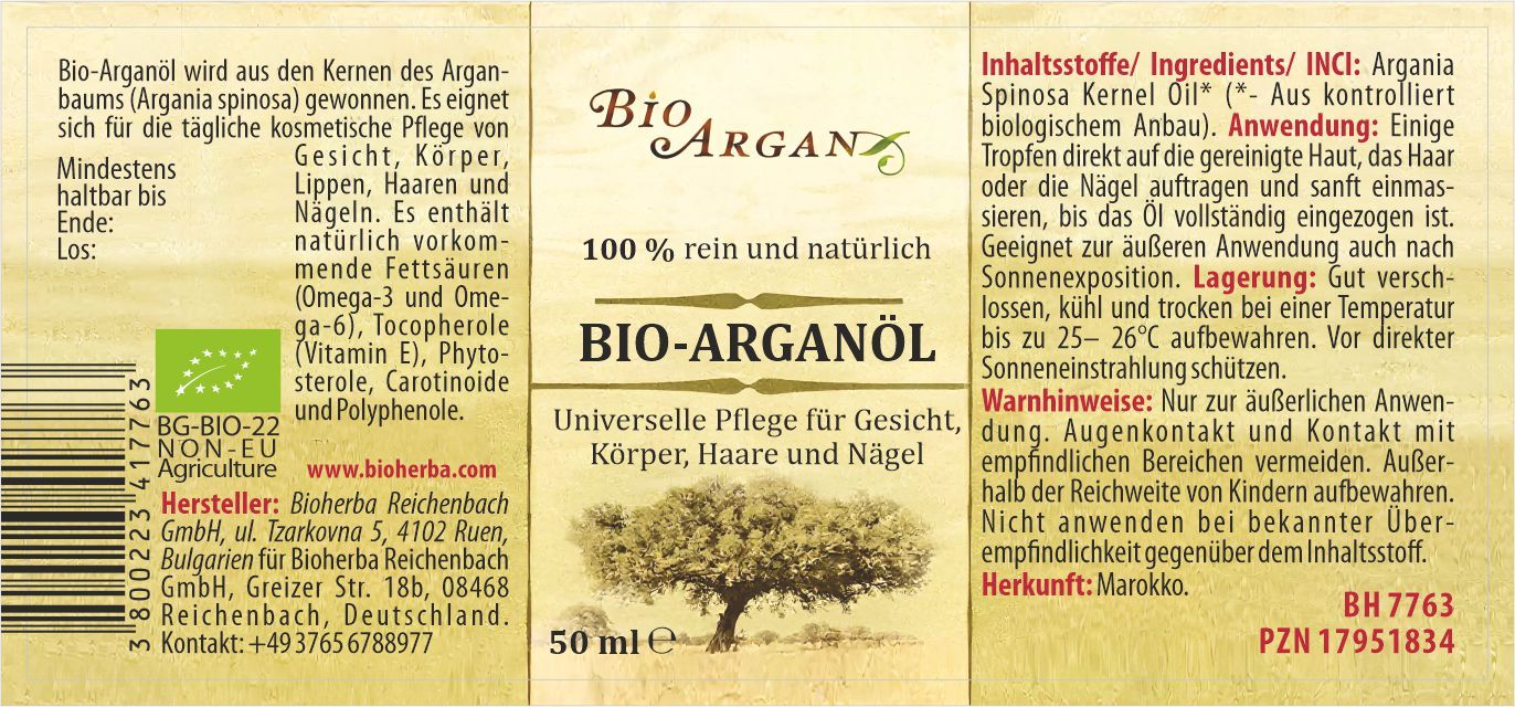 Etikett mit Text: "Bio Arganöl", "100% rein und natürlich", "Universelle Pflege". Enthält Informationen zu Inhaltsstoffen und Anwendung. 50 ml.