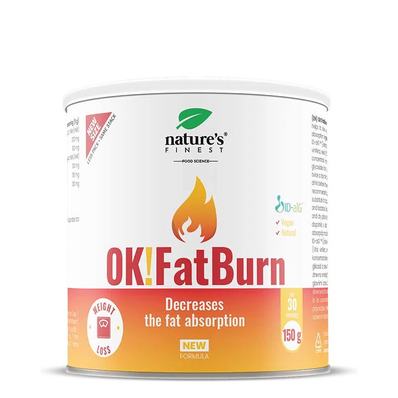 Nature's Finest OK!FatBurn Dose, 150g, neue Formel. "Decreases the fat absorption" und "Weight loss" hervorgehoben.