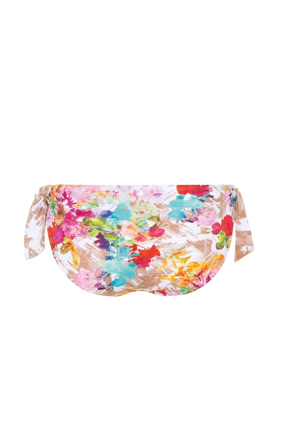 Bikinihose mit floralem Muster. Mehrfarbiges Design mit Bindebändern an den Seiten. Frontansicht.