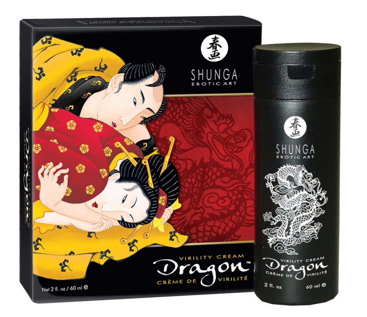 Schwarze Verpackung und Flasche. Aufschrift: Shunga Dragon. Virility Cream. 60 ml. Abbildung von Liebenden.