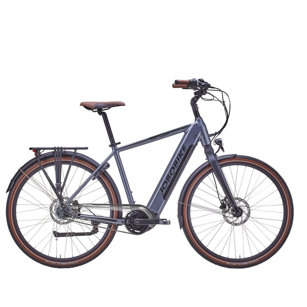 Graues E-Bike mit braunen Reifen und Sattel. JOBOBIKE-Logo am Rahmen.