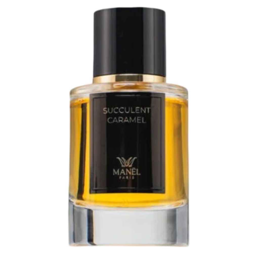 Glasflakon mit goldfarbener Flüssigkeit. Schwarzer Deckel. Etikett mit "Succulent Caramel" und Logo.