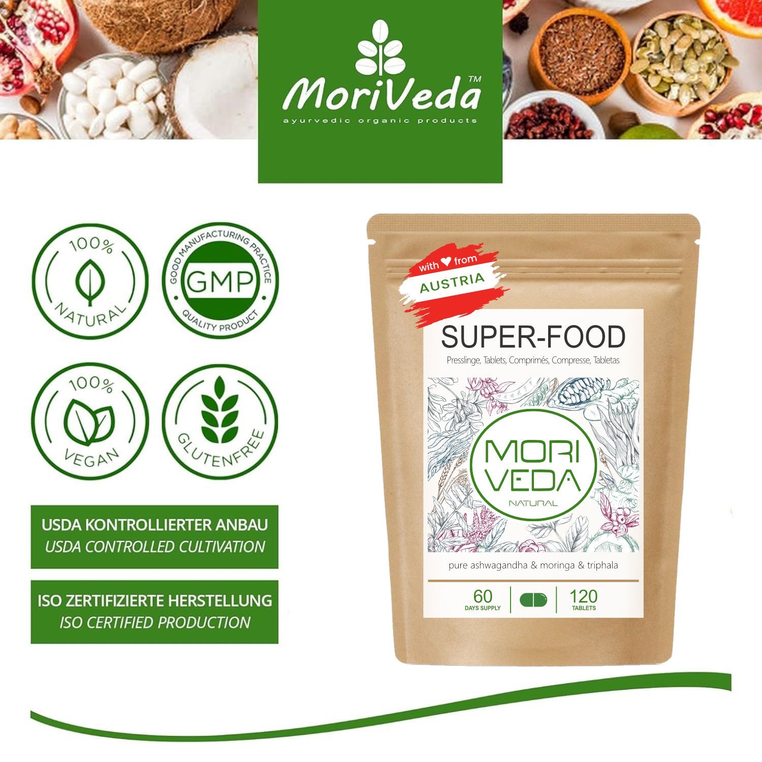 Beutel mit Tabletten. Aufschrift: SUPER-FOOD, 60/120 Tabletten. Logos: 100% NATURAL, VEGAN, GLUTENFREE.