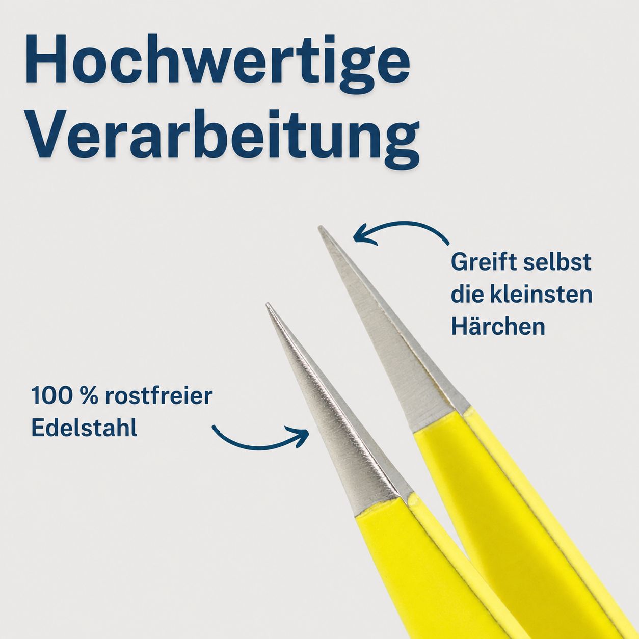 Nahaufnahme der feinen Spitzen einer gelben REMOS Pinzette aus 100% rostfreiem Edelstahl.