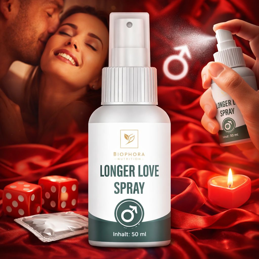 Weiße Sprühflasche mit grünem Etikett. Aufschrift: Longer Love Spray. Männliches Symbol. Inhalt: 50 ml. Hintergrund: Paare, Würfel, Kerze.