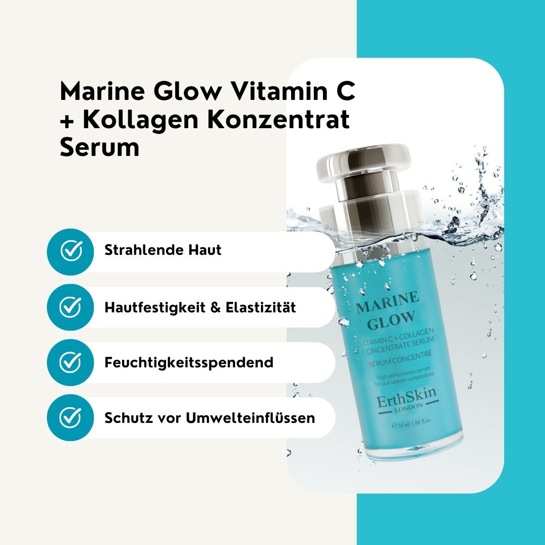 Serumflasche im Wasser. Aufschrift: Marine Glow, Vitamin C + Kollagen. Marke: ErthSkin London. Text: Strahlende Haut, Hautfestigkeit & Elastizität, Feuchtigkeitsspendend, Schutz vor Umwelteinflüssen.