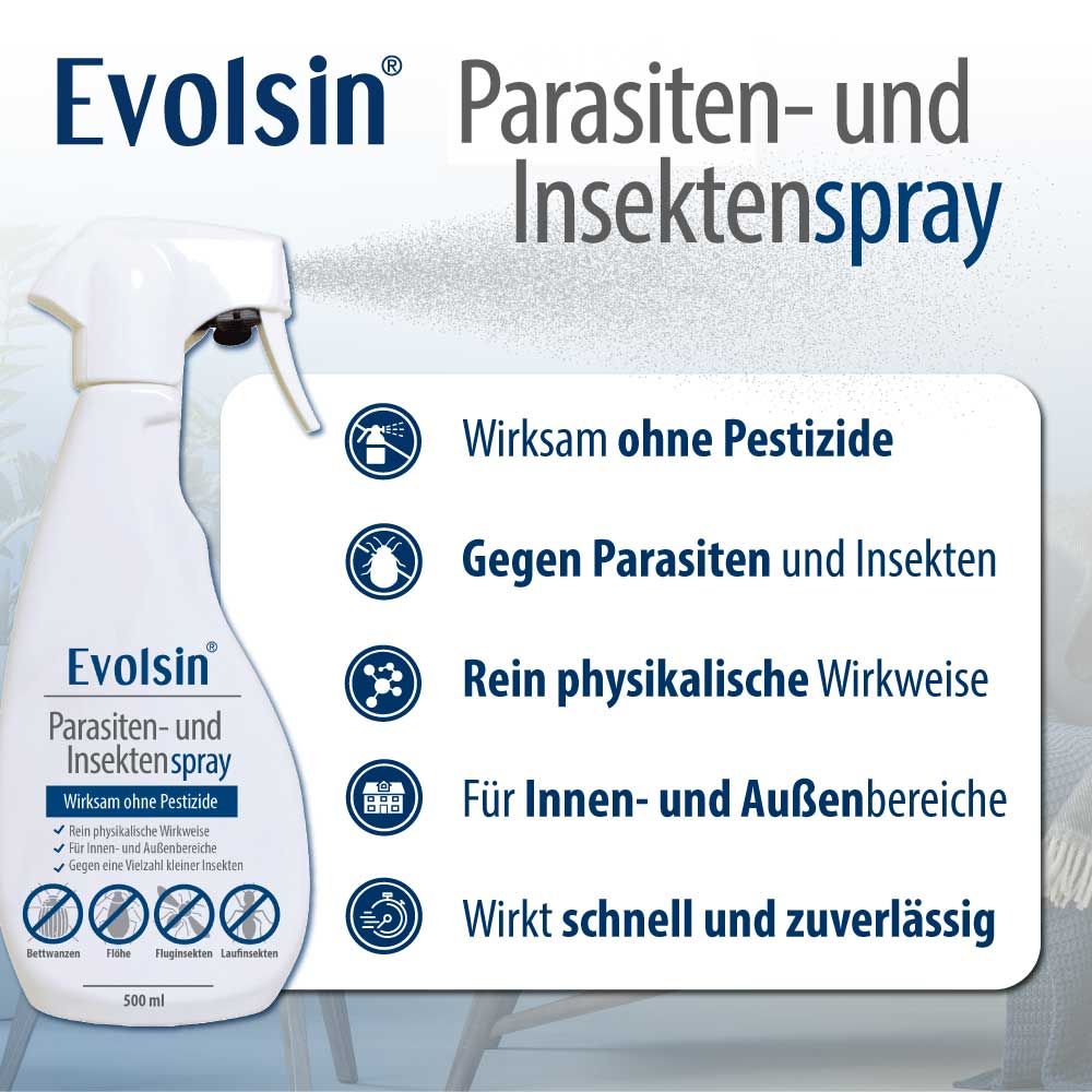 Evolsin® Parasiten- und Insektenspray-Flasche. Text auf weißem Hintergrund. Grafiken und Text beschreiben die Eigenschaften des Produkts.