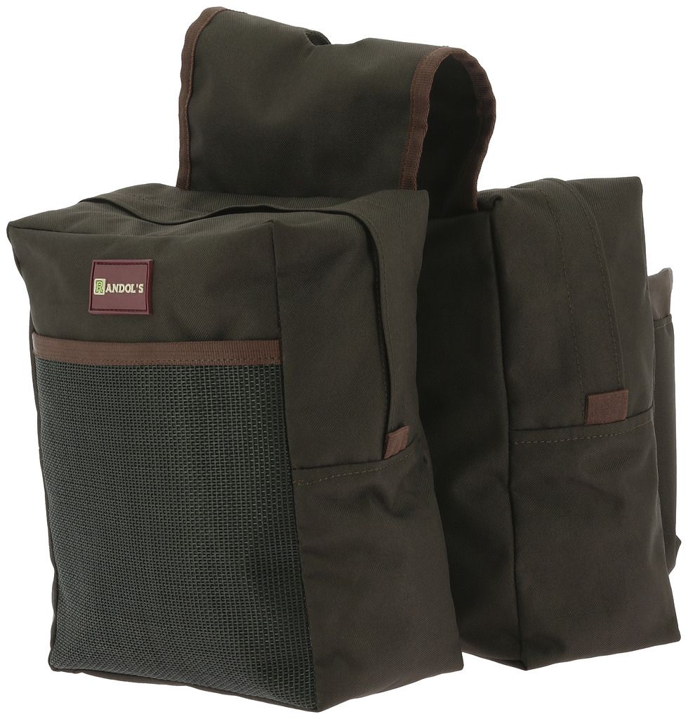 Braune Satteltasche mit braunen Akzenten und dem Logo "Randol's". Sie hat zwei Hauptfächer und eine Netztasche.