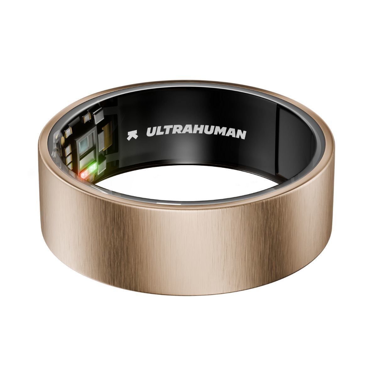 Goldfarbener Ring. Innenliegend: Elektronik, Schriftzug ULTRAHUMAN. Rotes und grünes Licht sichtbar.