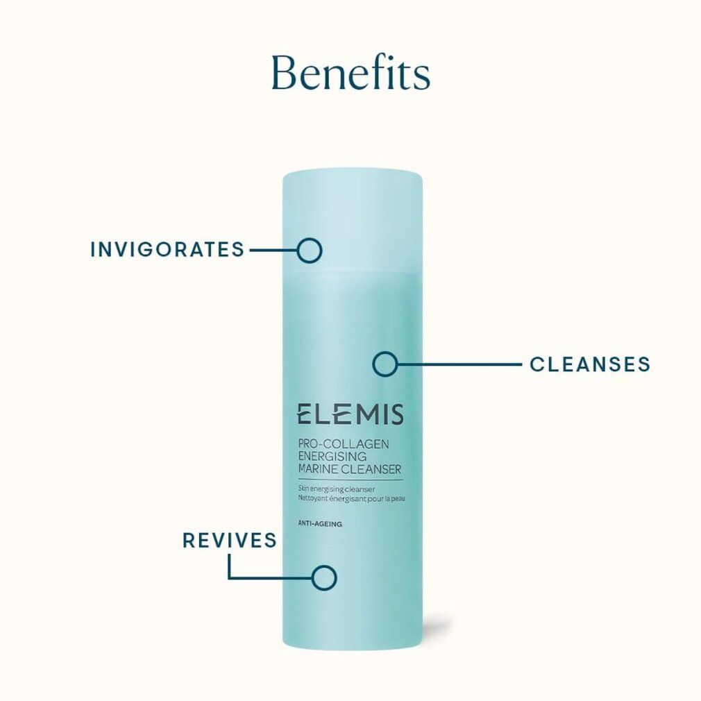 Zylindrische Flasche mit Produktbezeichnung Elemis Pro-Collagen Energising Marine Cleanser. Beschriftung: Revives, Cleanses, Invigorates.