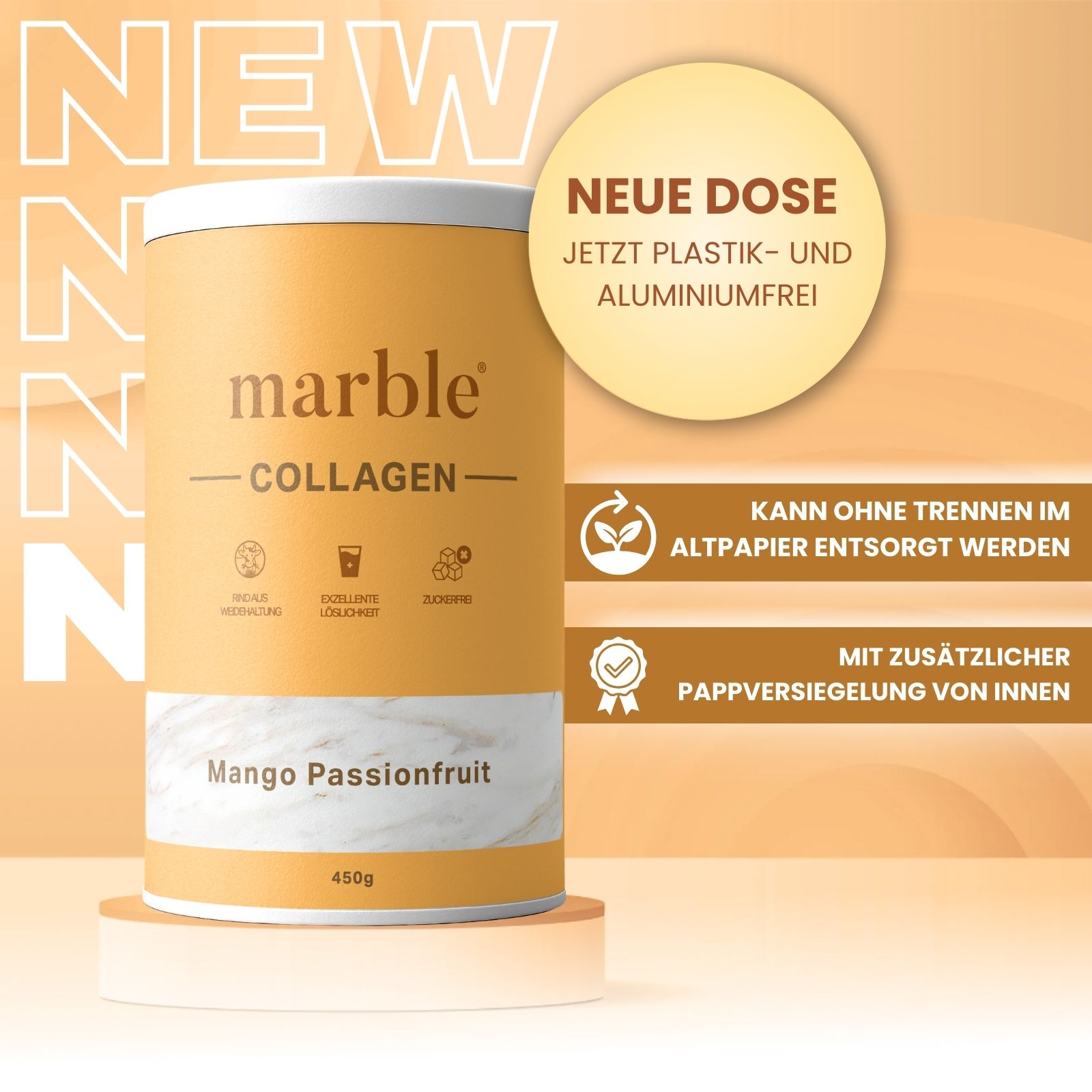 Zylindrische Dose marble Collagen, Mango-Passionfruit. Neue Dose, plastik- und aluminiumfrei. Kann im Altpapier entsorgt werden. Mit Pappversiegelung.