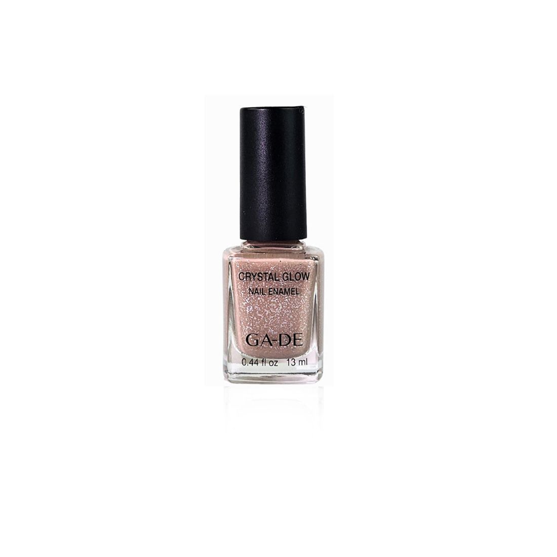 Ga-De Crystal Glow Nagellack. Flasche mit schwarzem Deckel. Rosa-glitzernder Nagellack. Aufschrift: Crystal Glow, Nail Enamel, Ga-De.