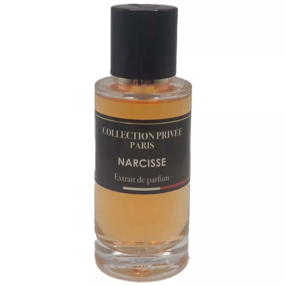 Parfümextrakt-Flakon. Zylindrische Glasflasche mit schwarzem Deckel. Schwarzes Etikett mit weißer Schrift: Narcisse, Extrait de parfum.